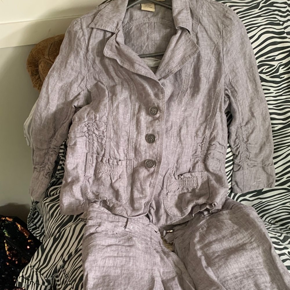 Light Gray Linen Jacket Top and Pants Set - 3 Piece - Set